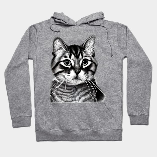 Pensive Black and White Drawing of a Cat Hoodie by The Indie Print Company